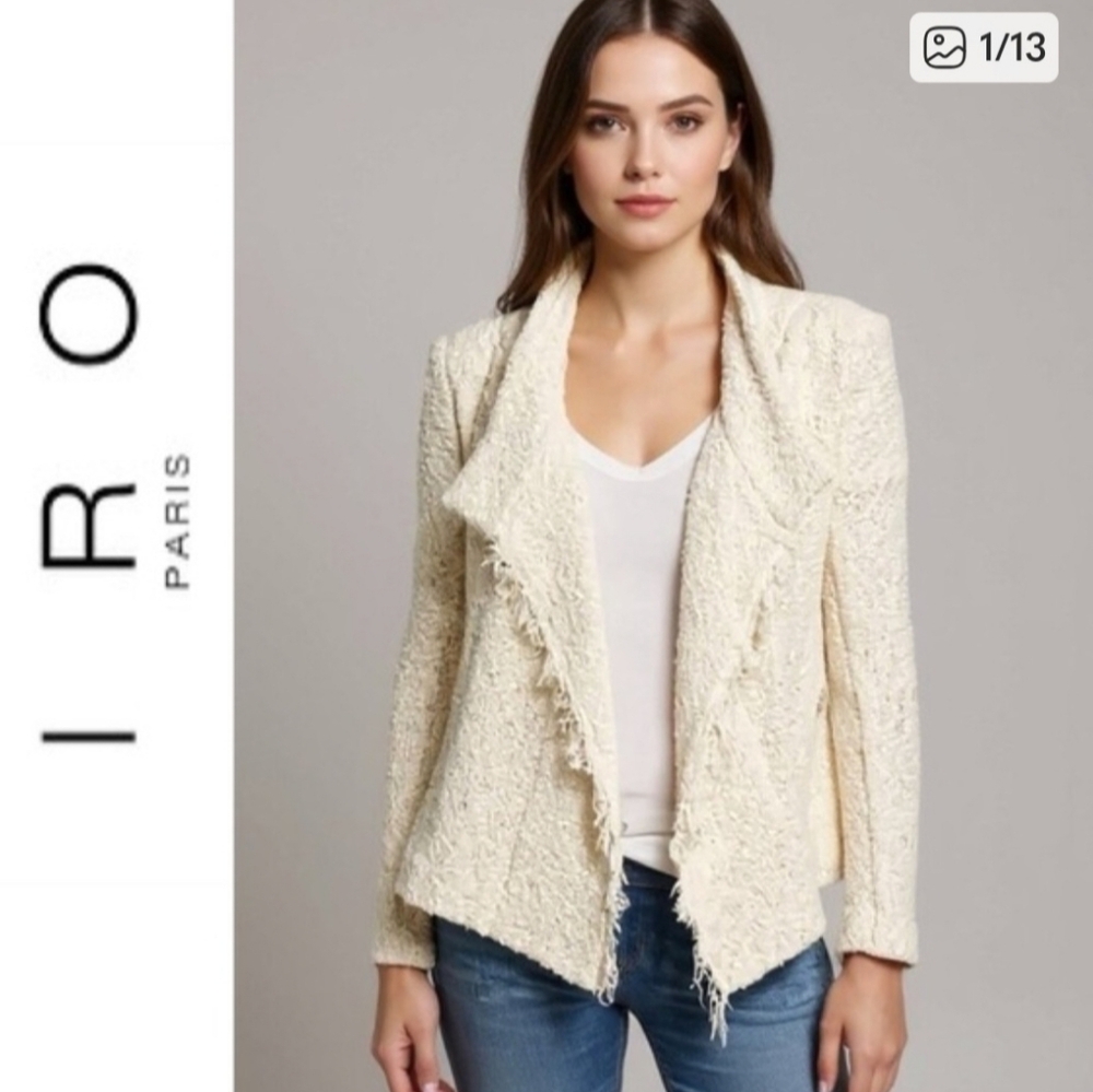 IRO Mira Moto Jacket Fringe Ecru Cotton Size 38